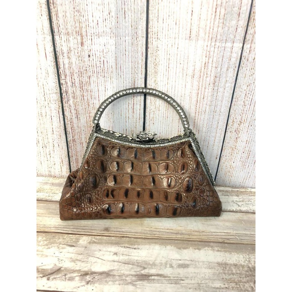 Besso Brown Croc Leather Handbag Evening Purse - Picture 8 of 12